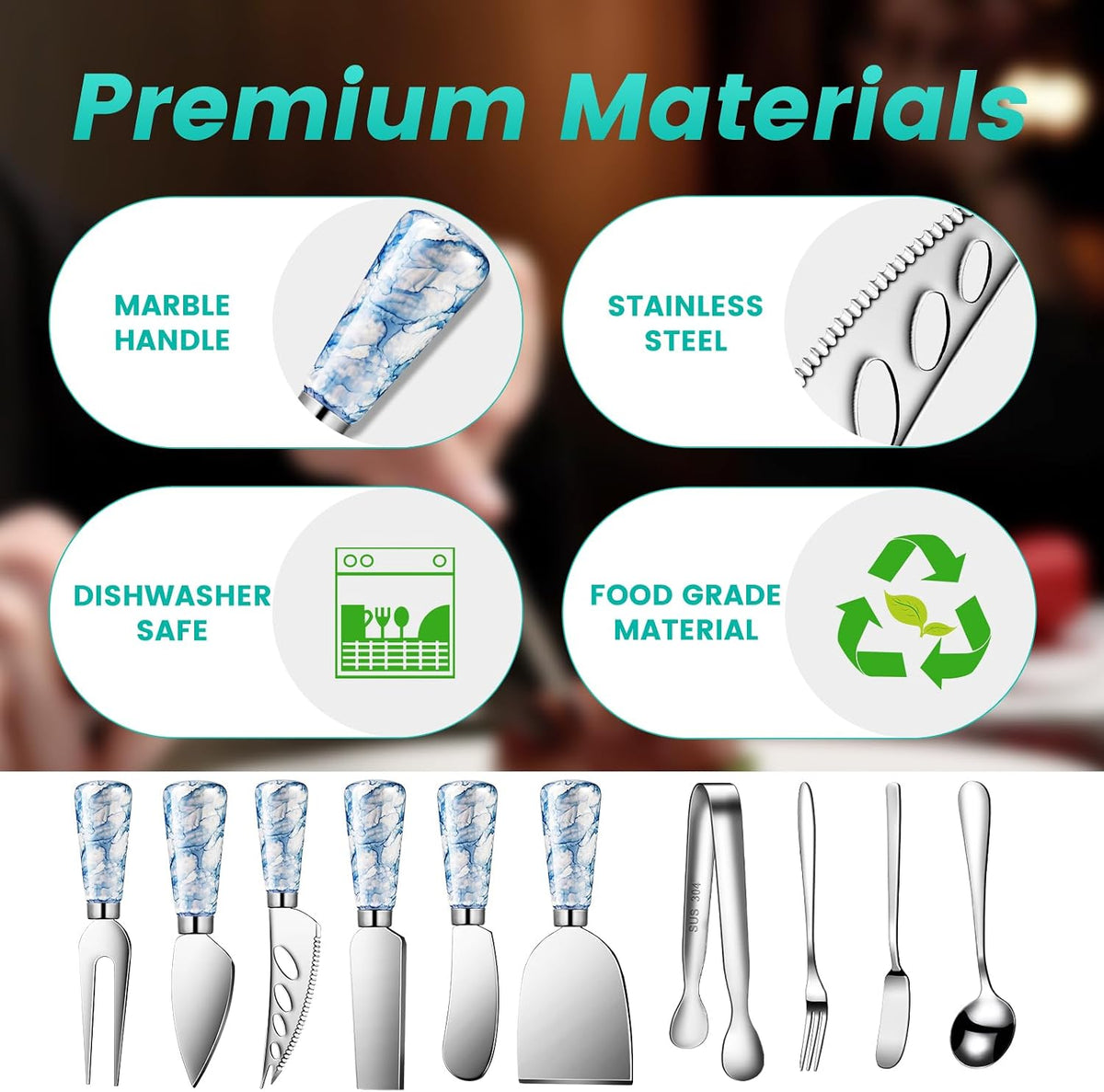 Silver Cheese Knife Set For Charcuterie Board Accessories, Stainless Steel Cheese Slicer And Butter Spreader knives Kit With Serving Tongs, Spoons, Forks, Flags Cheese Markers, Honey Dipper (23 Pack)