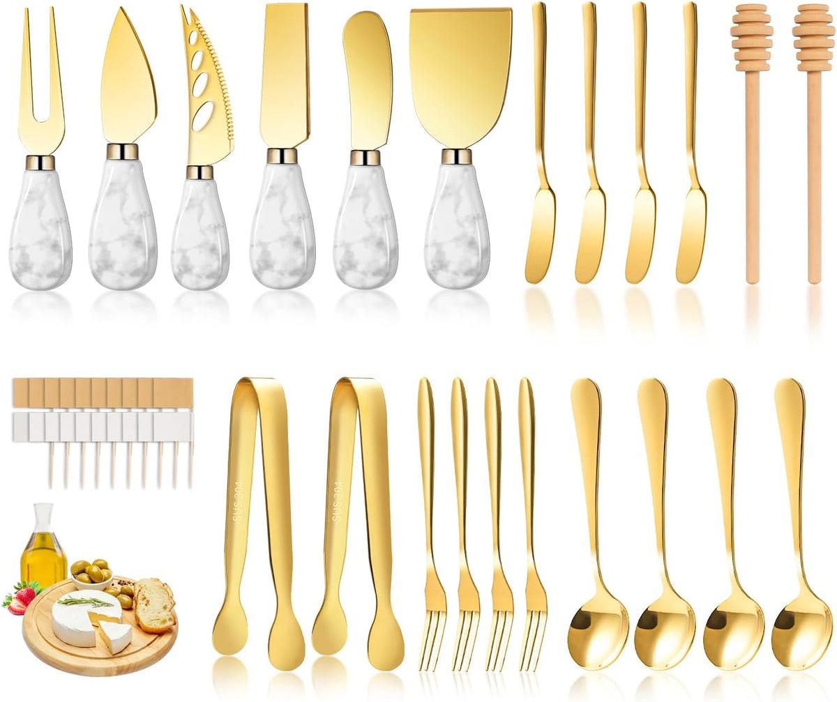 Silver Cheese Knife Set For Charcuterie Board Accessories, Stainless Steel Cheese Slicer And Butter Spreader knives Kit With Serving Tongs, Spoons, Forks, Flags Cheese Markers, Honey Dipper (23 Pack)