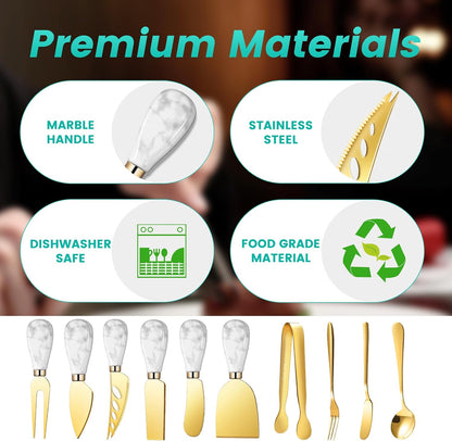 Silver Cheese Knife Set For Charcuterie Board Accessories, Stainless Steel Cheese Slicer And Butter Spreader knives Kit With Serving Tongs, Spoons, Forks, Flags Cheese Markers, Honey Dipper (23 Pack)