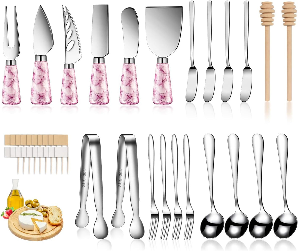 Silver Cheese Knife Set For Charcuterie Board Accessories, Stainless Steel Cheese Slicer And Butter Spreader knives Kit With Serving Tongs, Spoons, Forks, Flags Cheese Markers, Honey Dipper (23 Pack)