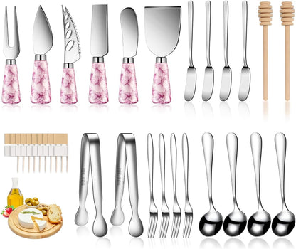 Silver Cheese Knife Set For Charcuterie Board Accessories, Stainless Steel Cheese Slicer And Butter Spreader knives Kit With Serving Tongs, Spoons, Forks, Flags Cheese Markers, Honey Dipper (23 Pack)