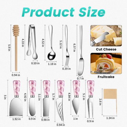 Silver Cheese Knife Set For Charcuterie Board Accessories, Stainless Steel Cheese Slicer And Butter Spreader knives Kit With Serving Tongs, Spoons, Forks, Flags Cheese Markers, Honey Dipper (23 Pack)
