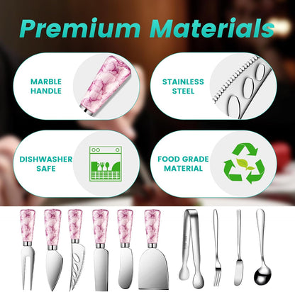 Silver Cheese Knife Set For Charcuterie Board Accessories, Stainless Steel Cheese Slicer And Butter Spreader knives Kit With Serving Tongs, Spoons, Forks, Flags Cheese Markers, Honey Dipper (23 Pack)