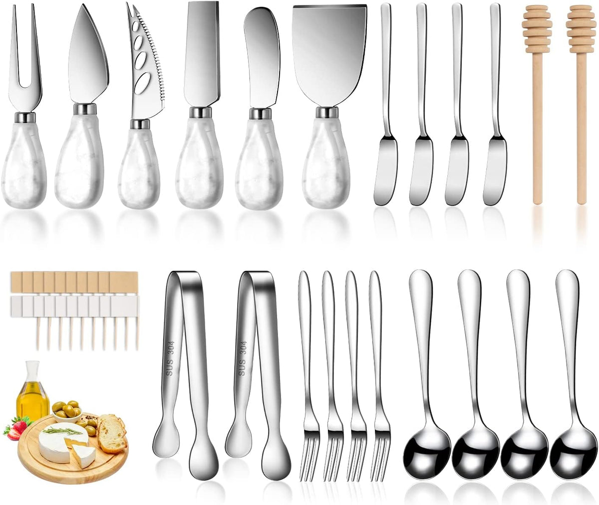 Silver Cheese Knife Set For Charcuterie Board Accessories, Stainless Steel Cheese Slicer And Butter Spreader knives Kit With Serving Tongs, Spoons, Forks, Flags Cheese Markers, Honey Dipper (23 Pack)