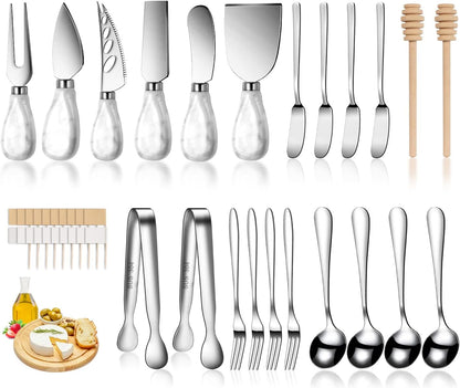 Silver Cheese Knife Set For Charcuterie Board Accessories, Stainless Steel Cheese Slicer And Butter Spreader knives Kit With Serving Tongs, Spoons, Forks, Flags Cheese Markers, Honey Dipper (23 Pack)
