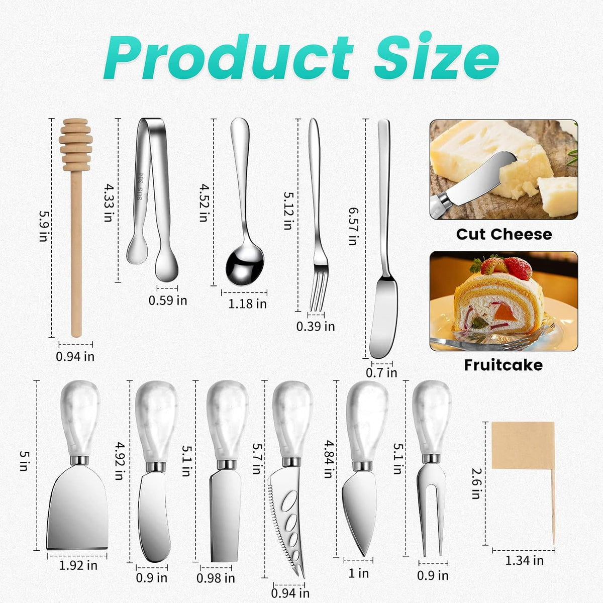 Silver Cheese Knife Set For Charcuterie Board Accessories, Stainless Steel Cheese Slicer And Butter Spreader knives Kit With Serving Tongs, Spoons, Forks, Flags Cheese Markers, Honey Dipper (23 Pack)