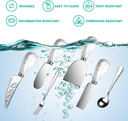 Silver Cheese Knife Set For Charcuterie Board Accessories, Stainless Steel Cheese Slicer And Butter Spreader knives Kit With Serving Tongs, Spoons, Forks, Flags Cheese Markers, Honey Dipper (23 Pack)