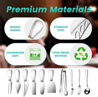 Silver Cheese Knife Set For Charcuterie Board Accessories, Stainless Steel Cheese Slicer And Butter Spreader knives Kit With Serving Tongs, Spoons, Forks, Flags Cheese Markers, Honey Dipper (23 Pack)