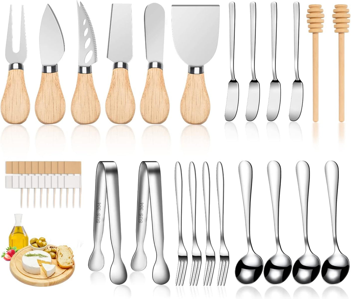 Silver Cheese Knife Set For Charcuterie Board Accessories, Stainless Steel Cheese Slicer And Butter Spreader knives Kit With Serving Tongs, Spoons, Forks, Flags Cheese Markers, Honey Dipper (23 Pack)