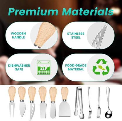 Silver Cheese Knife Set For Charcuterie Board Accessories, Stainless Steel Cheese Slicer And Butter Spreader knives Kit With Serving Tongs, Spoons, Forks, Flags Cheese Markers, Honey Dipper (23 Pack)