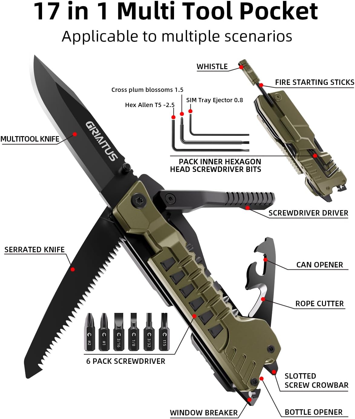 17 in 1 Multitool Knife Fire Starting Stick Bottle Opener Saw for Camping