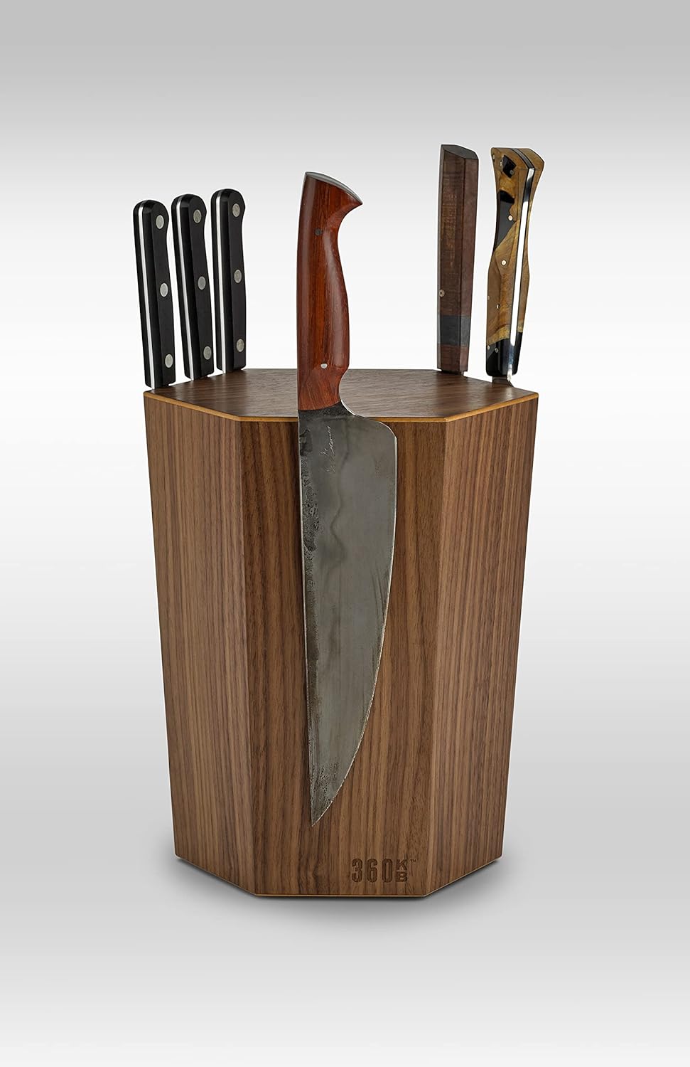 The 360KB ™ (Walnut) magnetic rotating knife block - handmade in Washington - shortest member of the 360 Knife Block ® family | 10" tall SeriousEats/Food&Wine BEST Universal Knife Block - handmade in Washington
