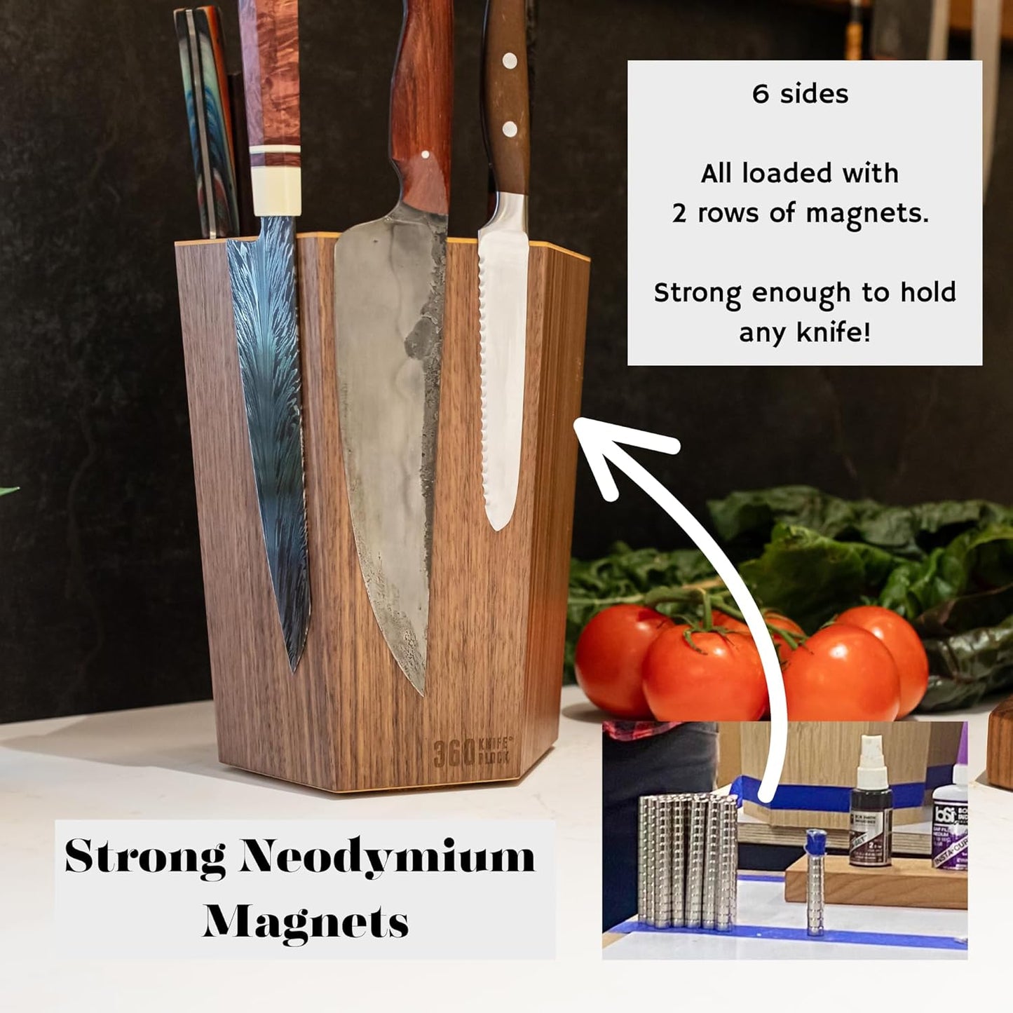 The 360KB ™ (Walnut) magnetic rotating knife block - handmade in Washington - shortest member of the 360 Knife Block ® family | 10" tall SeriousEats/Food&Wine BEST Universal Knife Block - handmade in Washington