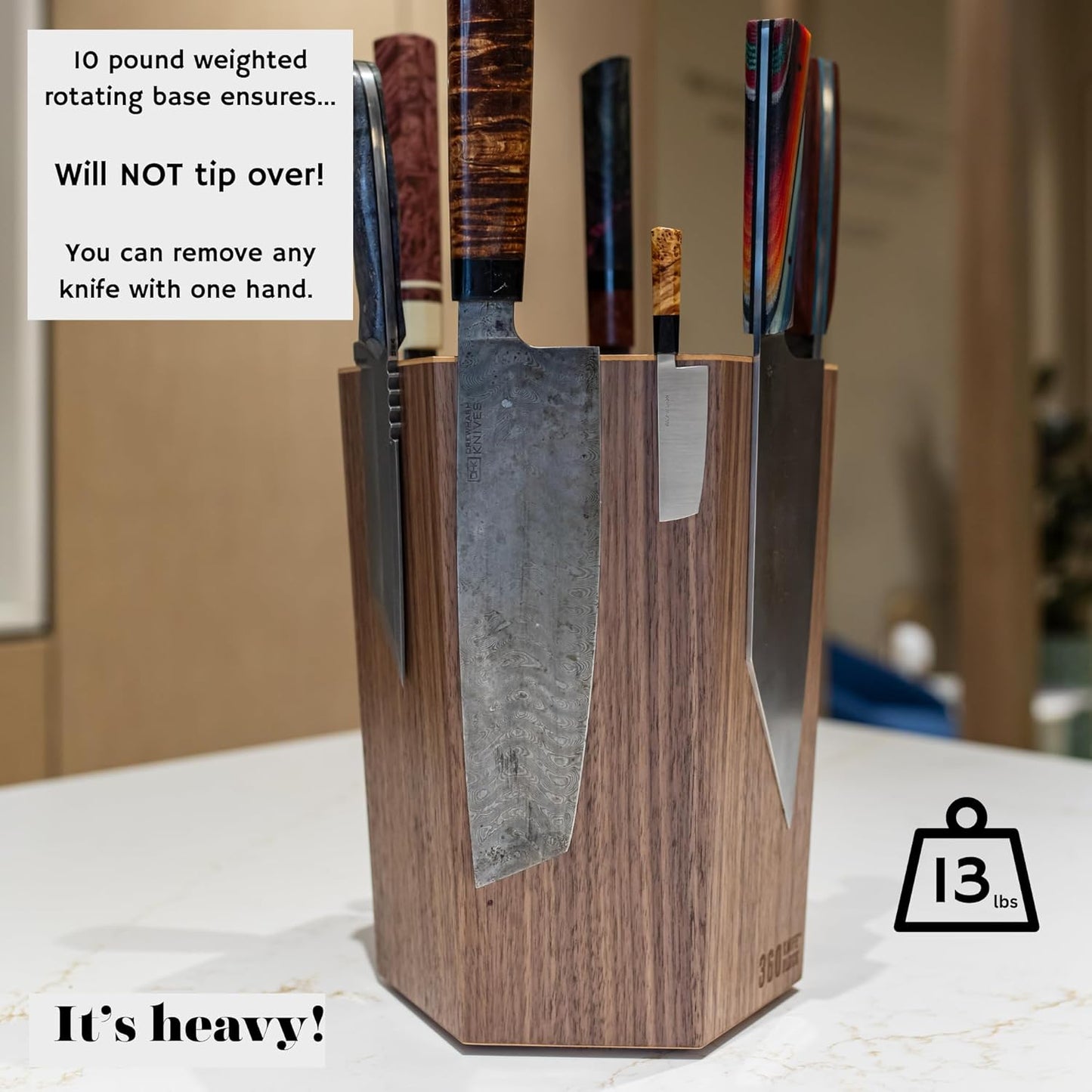 The 360KB ™ (Walnut) magnetic rotating knife block - handmade in Washington - shortest member of the 360 Knife Block ® family | 10" tall SeriousEats/Food&Wine BEST Universal Knife Block - handmade in Washington