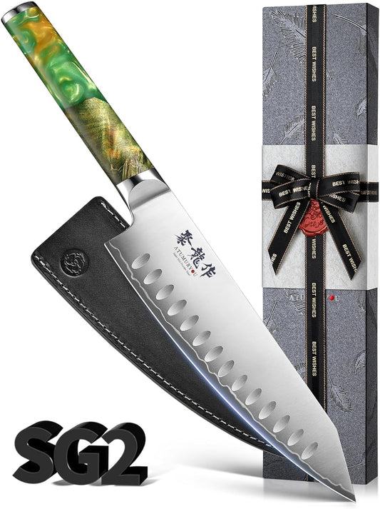 8 Inch Japanese Kiritsuke Knife, SG2 Powder Steel Core | San-Mai Construction, 64 HRC Hardness, Professional Edge Retention, Leather Sheath Included, Premium Gift Box
