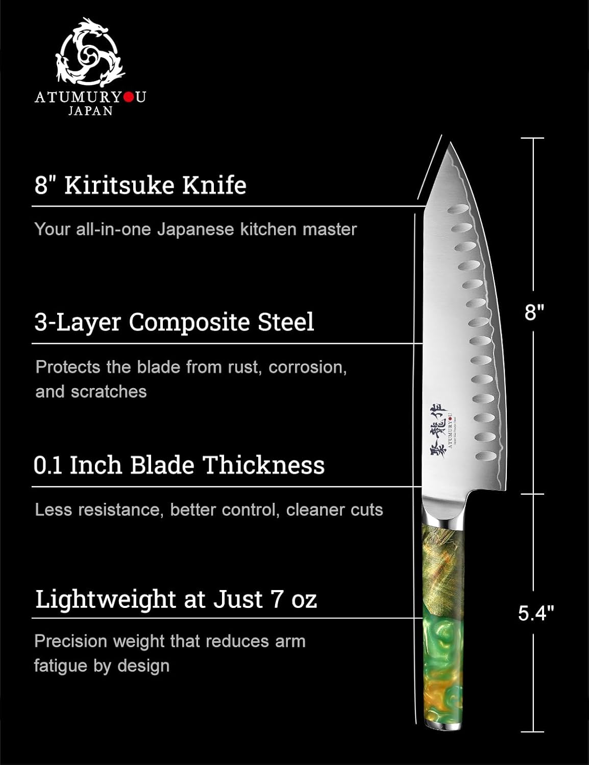 8 Inch Japanese Kiritsuke Knife, SG2 Powder Steel Core | San-Mai Construction, 64 HRC Hardness, Professional Edge Retention, Leather Sheath Included, Premium Gift Box
