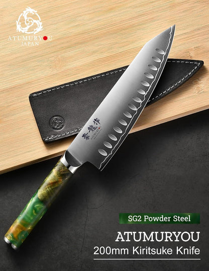8 Inch Japanese Kiritsuke Knife, SG2 Powder Steel Core | San-Mai Construction, 64 HRC Hardness, Professional Edge Retention, Leather Sheath Included, Premium Gift Box