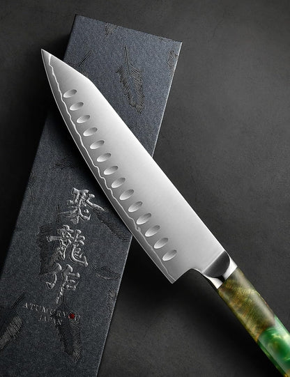 8 Inch Japanese Kiritsuke Knife, SG2 Powder Steel Core | San-Mai Construction, 64 HRC Hardness, Professional Edge Retention, Leather Sheath Included, Premium Gift Box