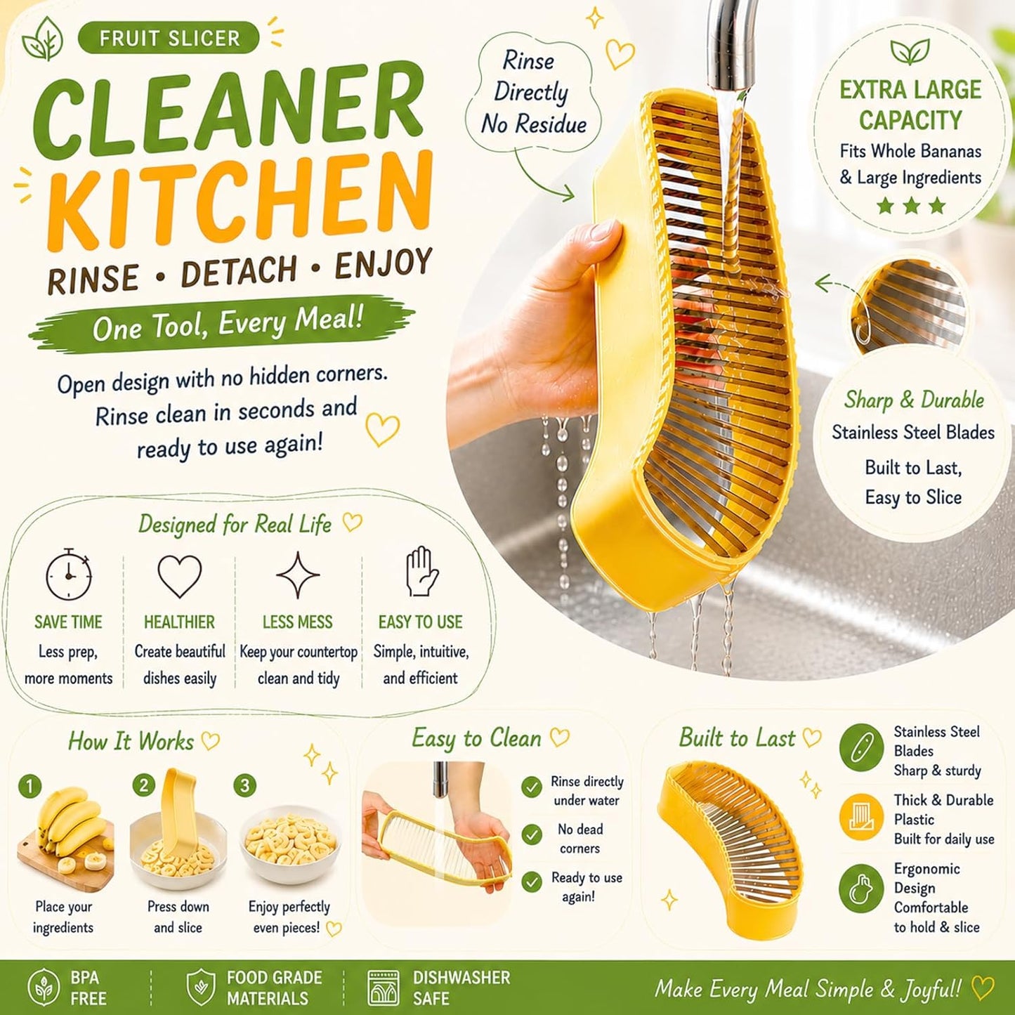 Extra Large Banana Slicer with 304 Stainless Steel Blade,Spam Slicer | Egg Cutter for Hard Boiled Eggs, Cheese Butter Cutter for Hot Dog Slicing, Multipurpose Strawberry Slicing Gadgets for Fruits