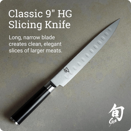 Classic 9" Hollow Ground Slicing Knife, Handcrafted Japanese Meat Slicing Knife, Long and Thin Blade, VG-MAX Core with Damascus Stainless Steel Cladding, Pakkawood Handle