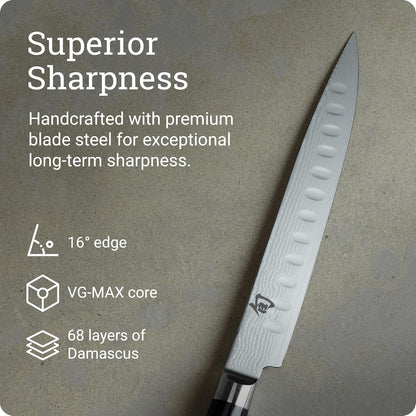 Classic 9" Hollow Ground Slicing Knife, Handcrafted Japanese Meat Slicing Knife, Long and Thin Blade, VG-MAX Core with Damascus Stainless Steel Cladding, Pakkawood Handle