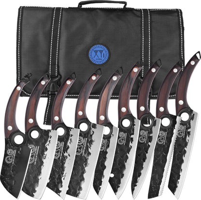 Professional Kitchen Knife Set with High-Carbon Steel Forged Blades, Chef's Knife, Cleaver, Carving Knife, Nakiri, Full Tang Design, Includes Carrying Bag & Poultry Scissors