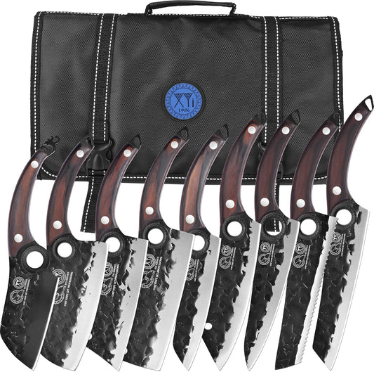 Professional Kitchen Knife Set with High-Carbon Steel Forged Blades, Chef's Knife, Cleaver, Carving Knife, Nakiri, Full Tang Design, Includes Carrying Bag & Poultry Scissors