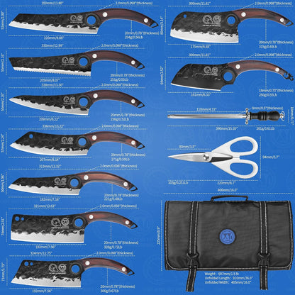 Professional Kitchen Knife Set with High-Carbon Steel Forged Blades, Chef's Knife, Cleaver, Carving Knife, Nakiri, Full Tang Design, Includes Carrying Bag & Poultry Scissors