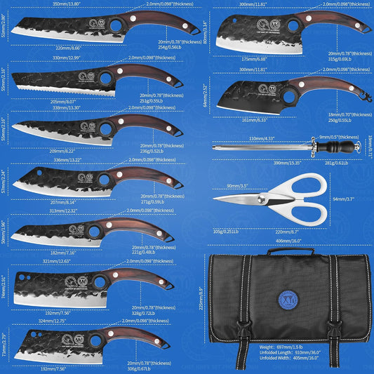 Professional Kitchen Knife Set with High-Carbon Steel Forged Blades, Chef's Knife, Cleaver, Carving Knife, Nakiri, Full Tang Design, Includes Carrying Bag & Poultry Scissors
