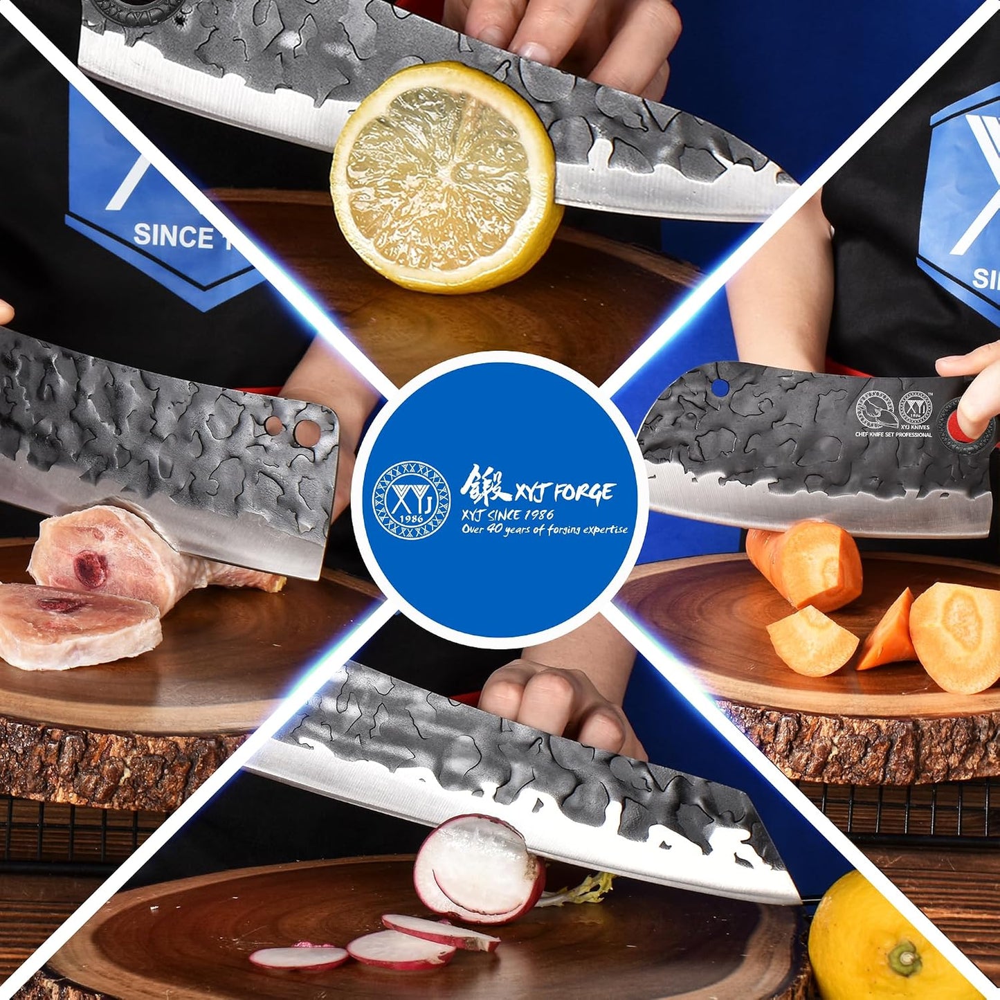 Professional Kitchen Knife Set with High-Carbon Steel Forged Blades, Chef's Knife, Cleaver, Carving Knife, Nakiri, Full Tang Design, Includes Carrying Bag & Poultry Scissors
