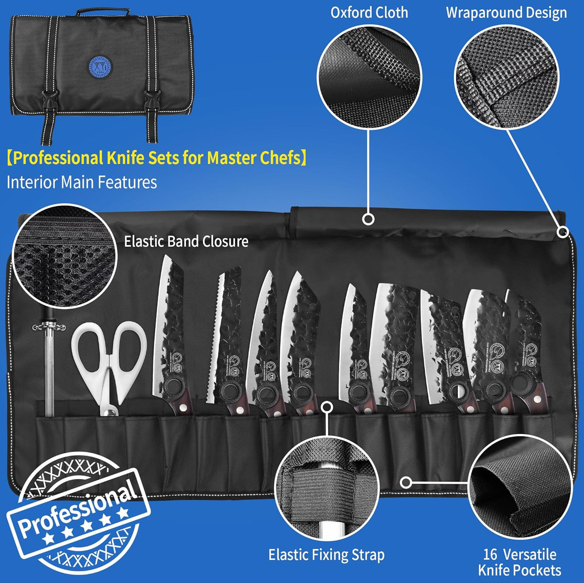 Professional Kitchen Knife Set with High-Carbon Steel Forged Blades, Chef's Knife, Cleaver, Carving Knife, Nakiri, Full Tang Design, Includes Carrying Bag & Poultry Scissors