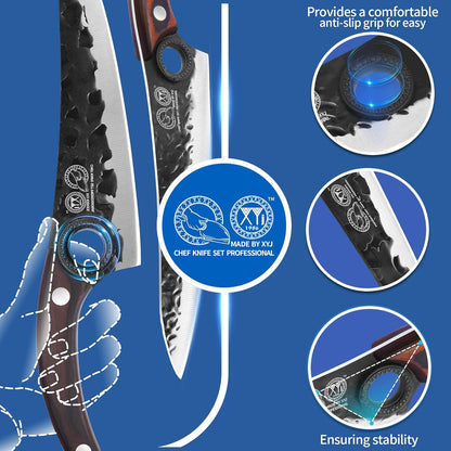 Professional Kitchen Knife Set with High-Carbon Steel Forged Blades, Chef's Knife, Cleaver, Carving Knife, Nakiri, Full Tang Design, Includes Carrying Bag & Poultry Scissors