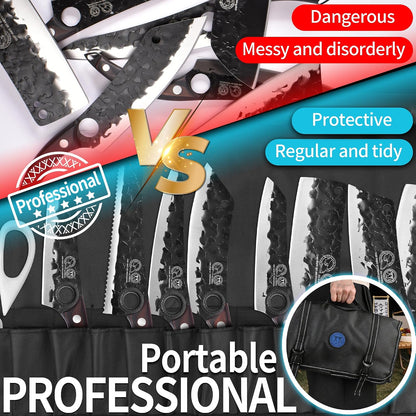 Professional Kitchen Knife Set with High-Carbon Steel Forged Blades, Chef's Knife, Cleaver, Carving Knife, Nakiri, Full Tang Design, Includes Carrying Bag & Poultry Scissors