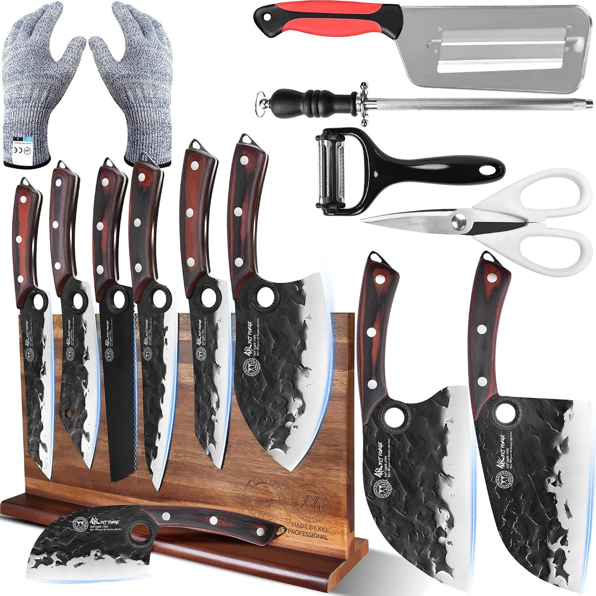 Professional Kitchen Knife Set with High-Carbon Steel Forged Blades, Chef's Knife, Cleaver, Carving Knife, Nakiri, Full Tang Design, Includes Carrying Bag & Poultry Scissors