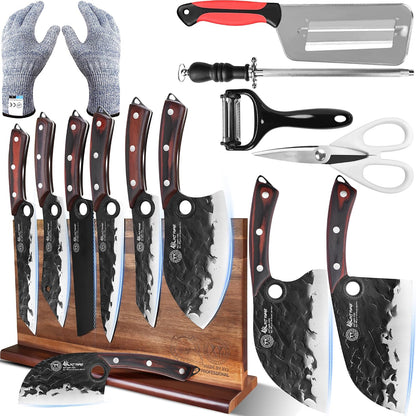 Professional Kitchen Knife Set with High-Carbon Steel Forged Blades, Chef's Knife, Cleaver, Carving Knife, Nakiri, Full Tang Design, Includes Carrying Bag & Poultry Scissors