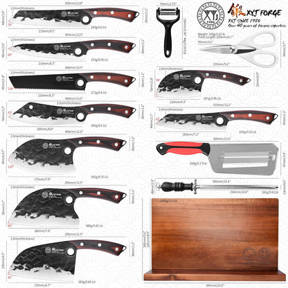 Professional Kitchen Knife Set with High-Carbon Steel Forged Blades, Chef's Knife, Cleaver, Carving Knife, Nakiri, Full Tang Design, Includes Carrying Bag & Poultry Scissors