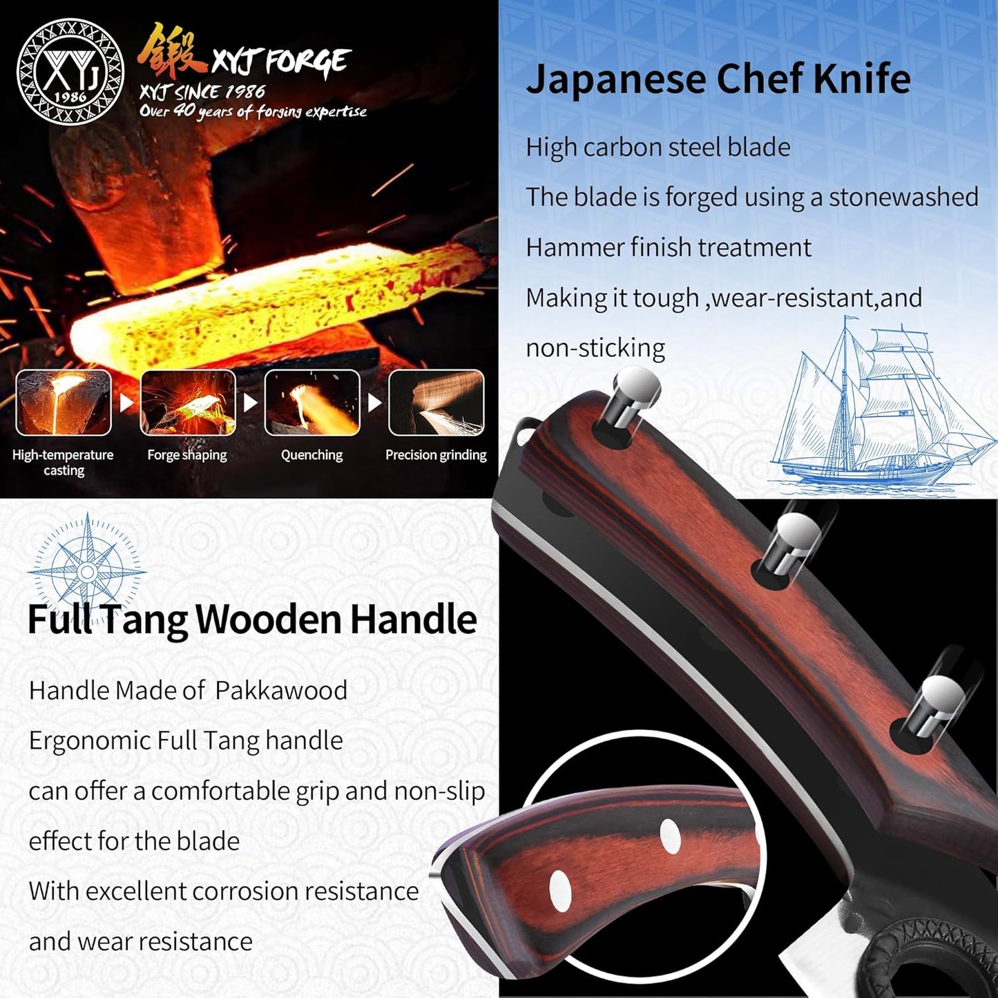 Professional Kitchen Knife Set with High-Carbon Steel Forged Blades, Chef's Knife, Cleaver, Carving Knife, Nakiri, Full Tang Design, Includes Carrying Bag & Poultry Scissors