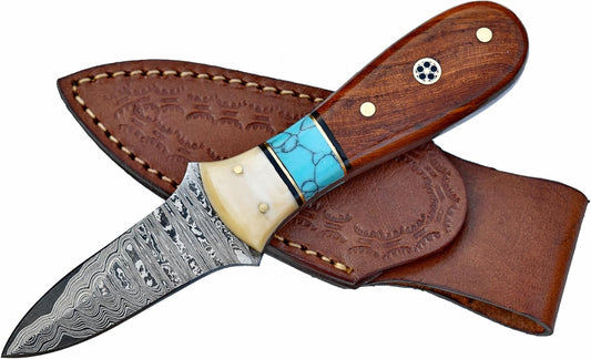 Damascus Steel Oyster Shucking Knife Handmade Oyster Shucker Knife Oyster Opener Tool wood, Bone and Turquoise Handle With Leather Sheath
