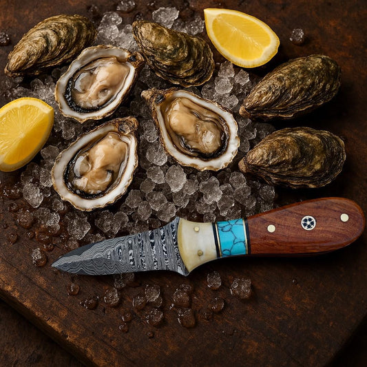 Damascus Steel Oyster Shucking Knife Handmade Oyster Shucker Knife Oyster Opener Tool wood, Bone and Turquoise Handle With Leather Sheath