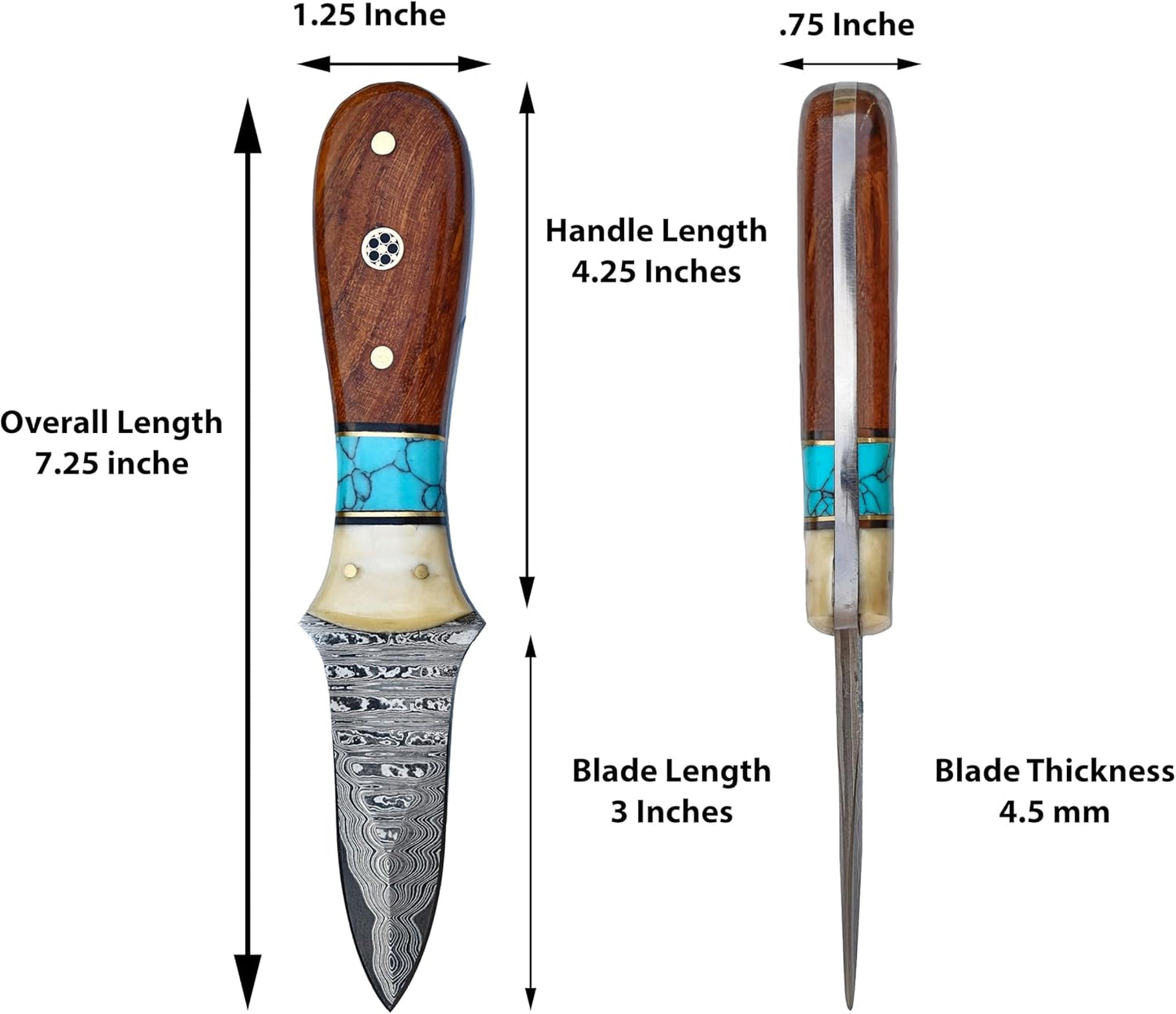 Damascus Steel Oyster Shucking Knife Handmade Oyster Shucker Knife Oyster Opener Tool wood, Bone and Turquoise Handle With Leather Sheath