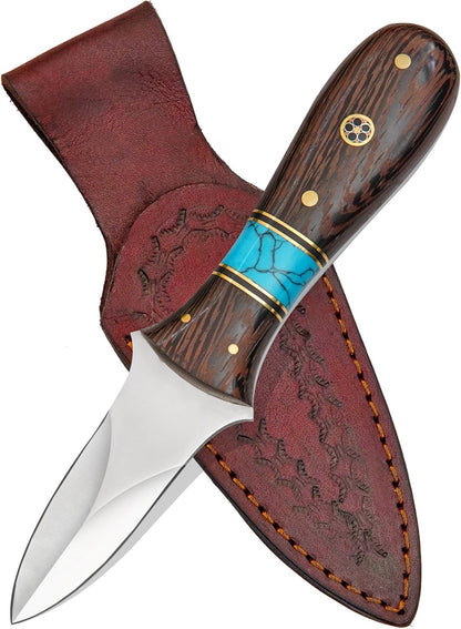 Damascus Steel Oyster Shucking Knife Handmade Oyster Shucker Knife Oyster Opener Tool wood, Bone and Turquoise Handle With Leather Sheath