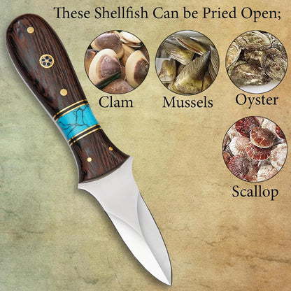Damascus Steel Oyster Shucking Knife Handmade Oyster Shucker Knife Oyster Opener Tool wood, Bone and Turquoise Handle With Leather Sheath