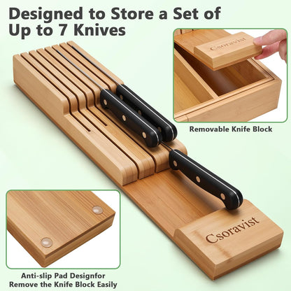 9-Piece Bamboo Kitchen Drawer Organizer Set, Expandable Silverware &Utensil Organizer with Removable Knife Block & Steak Knives, Flatware Organization, Tableware Dividers Storage(Natural)