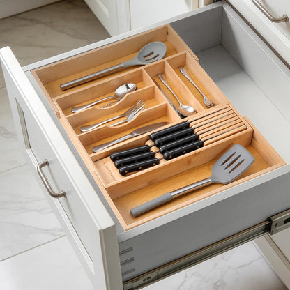 9-Piece Bamboo Kitchen Drawer Organizer Set, Expandable Silverware &Utensil Organizer with Removable Knife Block & Steak Knives, Flatware Organization, Tableware Dividers Storage(Natural)