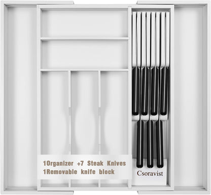 9-Piece Bamboo Kitchen Drawer Organizer Set, Expandable Silverware &Utensil Organizer with Removable Knife Block & Steak Knives, Flatware Organization, Tableware Dividers Storage(Natural)