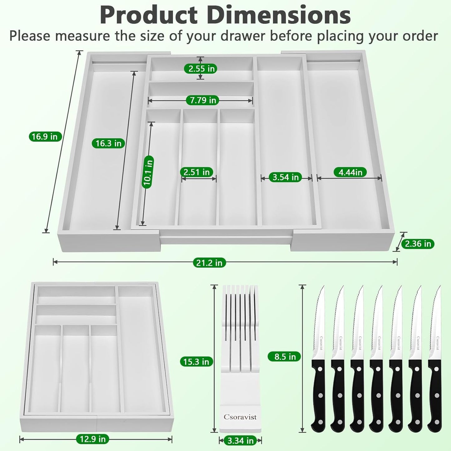 9-Piece Bamboo Kitchen Drawer Organizer Set, Expandable Silverware &Utensil Organizer with Removable Knife Block & Steak Knives, Flatware Organization, Tableware Dividers Storage(Natural)