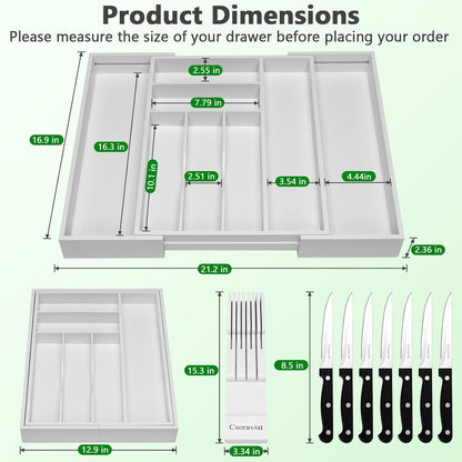 9-Piece Bamboo Kitchen Drawer Organizer Set, Expandable Silverware &Utensil Organizer with Removable Knife Block & Steak Knives, Flatware Organization, Tableware Dividers Storage(Natural)