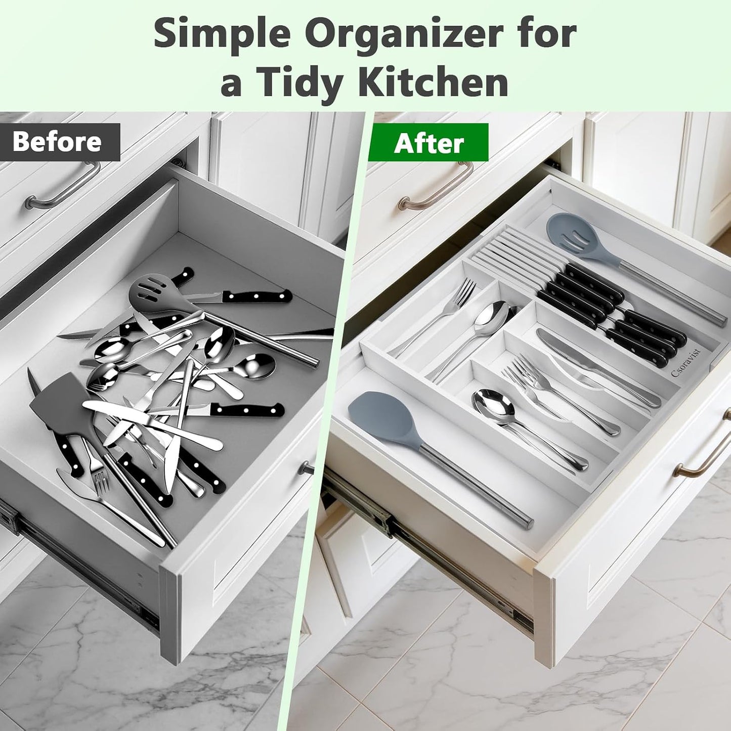 9-Piece Bamboo Kitchen Drawer Organizer Set, Expandable Silverware &Utensil Organizer with Removable Knife Block & Steak Knives, Flatware Organization, Tableware Dividers Storage(Natural)