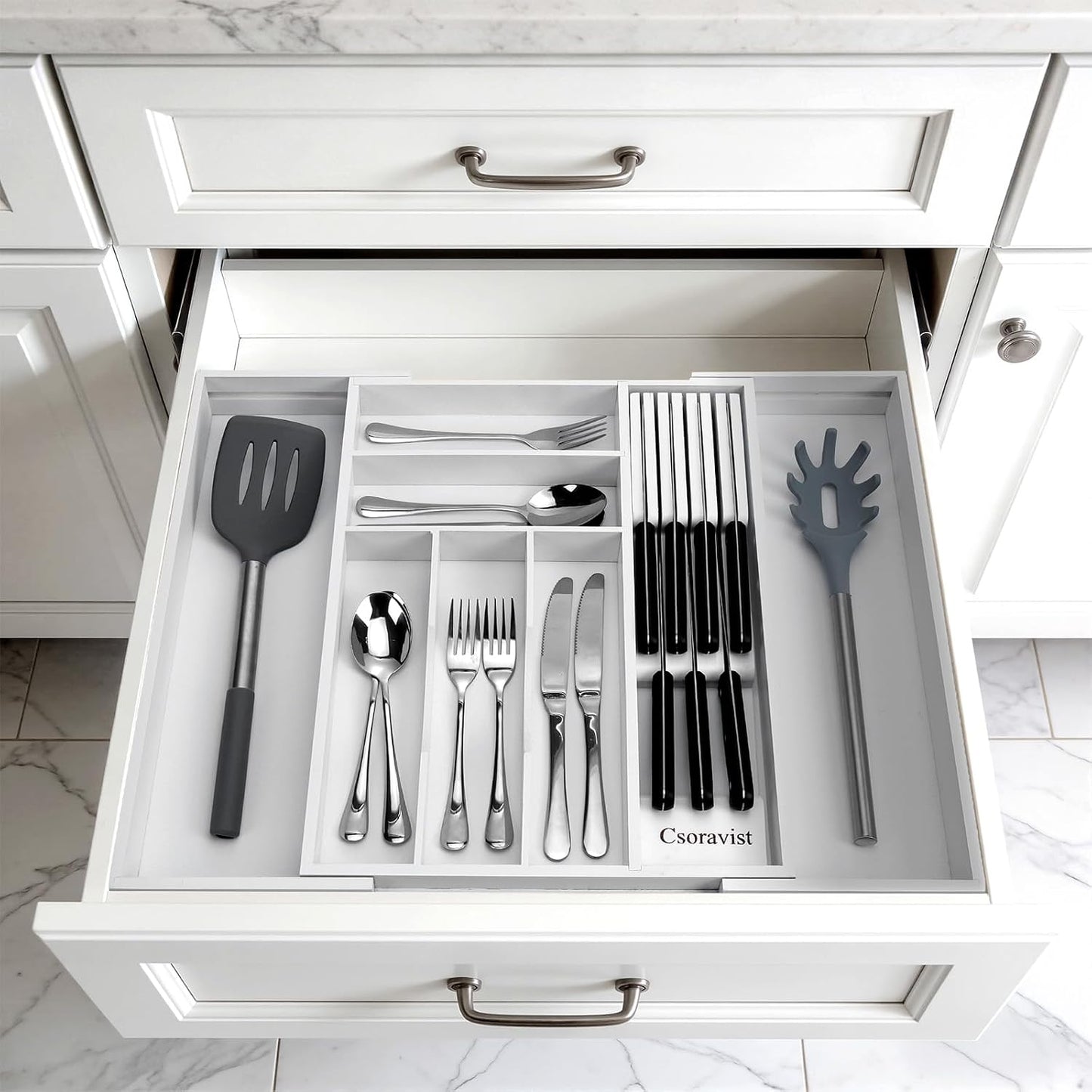 9-Piece Bamboo Kitchen Drawer Organizer Set, Expandable Silverware &Utensil Organizer with Removable Knife Block & Steak Knives, Flatware Organization, Tableware Dividers Storage(Natural)