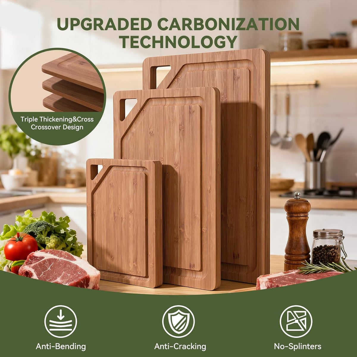 Bamboo Cutting Boards for Kitchen, Wood Cutting Boards with Deep Juice Grooves, 3-Pack Bamboo Cutting Board Set with Holder, Chopping Board & Charcuterie Board for Meal Prep & Serving